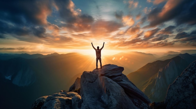 Man standing at the top of a mountain as the sun beg