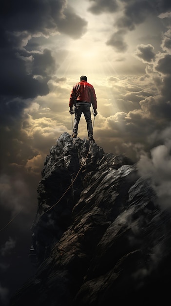 man standing top mountain backpack music album cover promotion heaven hell strong leader background