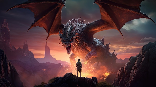 A man standing on top of a mountain next to a dragon