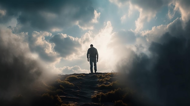 Man standing on the top of the mountain and looking at the skygenerative ai