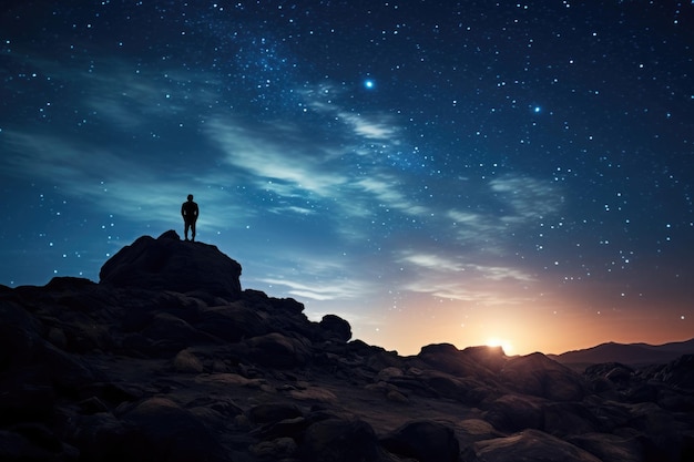 Man standing on top of a mountain and looking at the starry sky Silhouette of a person on rocks looking at the night sky with the Milky Way and moon in the background AI Generated