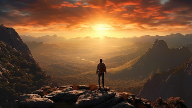 a man standing on top of a mountain looking at a sunset