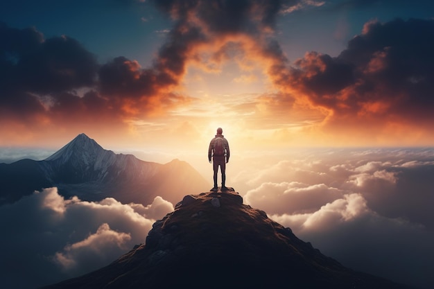 Man standing on top of the mountain and looking at the sunset