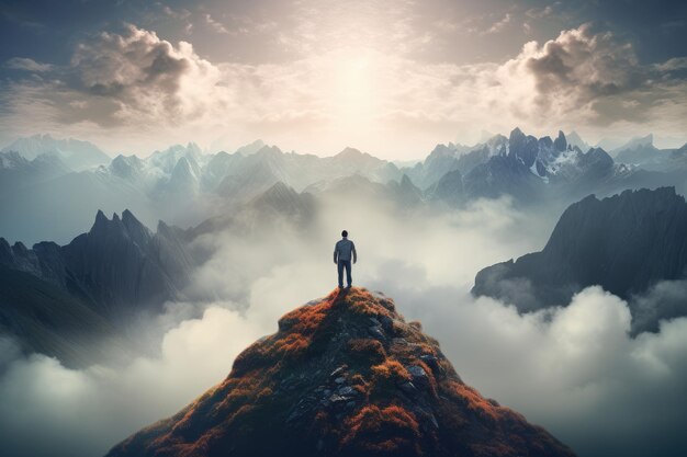 Man standing on the top of the mountain and looking at the valley a man standing top of the mountain AI generated