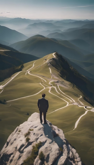 Man standing on the top of a mountain and looking at the valley