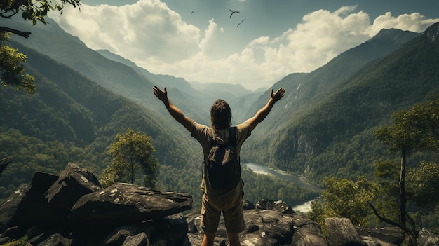 Man standing on top of a mountain and looking at the valleygenerative ai