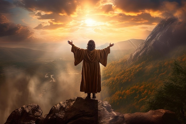 Man standing on top of the mountain and looking at the valleyThe man thank God on the mountain