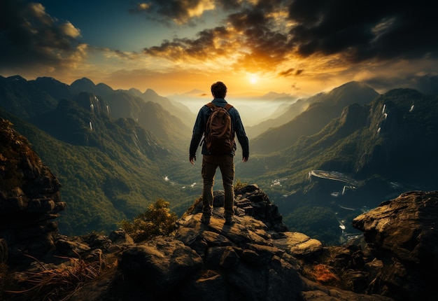 A man standing on top of a mountain overlooking a valley