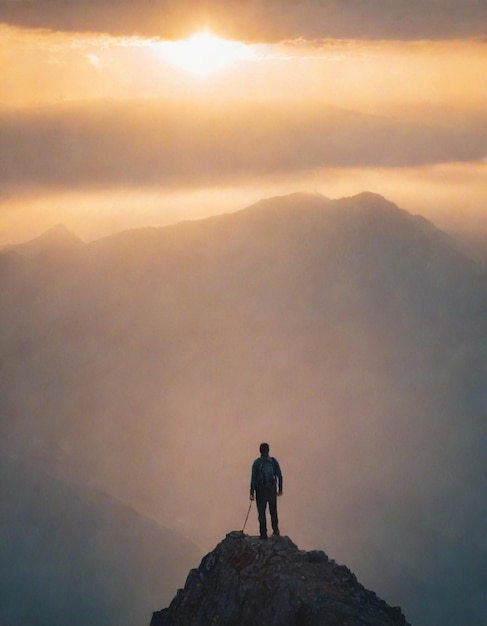 夕暮れの山の頂上に立っている男