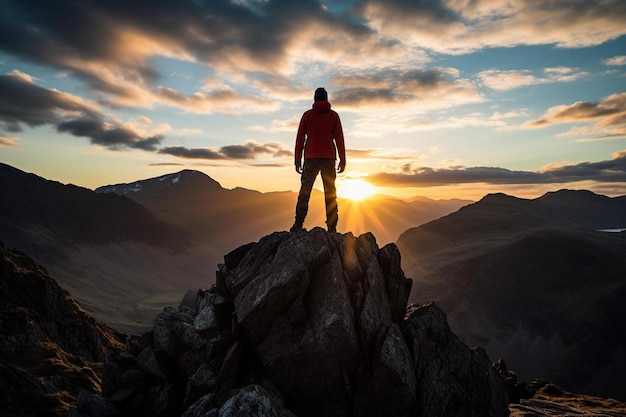 Человек, стоящий на вершине горы при заходе солнца