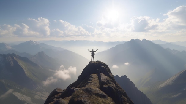Man standing on top of a mountain with arms raised