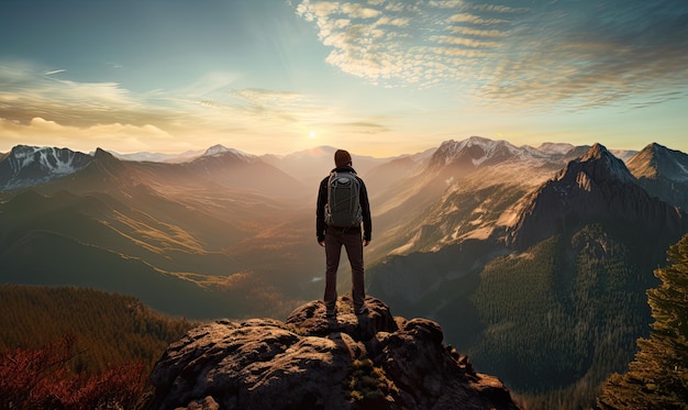 A man standing on top of a mountain with a backpack
