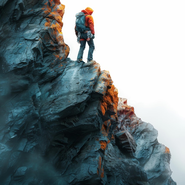 バックパック を 背負っ て 山 の 頂上 に 立っ て いる 人