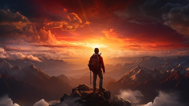 Photo man standing on top of a mountain with a bag on his back and a sunset behind him with a red sky or