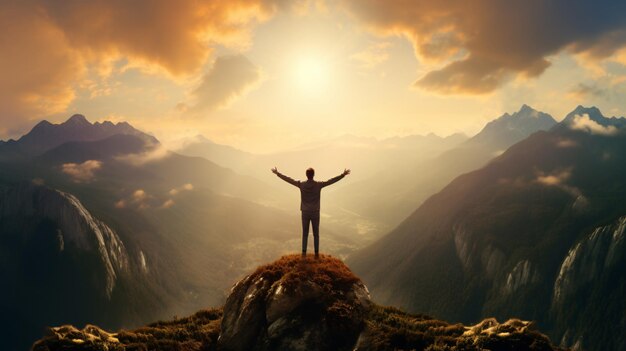 Man standing on top of a mountain with his arms outside
