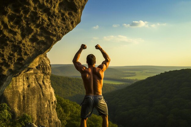 Foto un uomo in piedi sulla cima di una montagna con le mani in alto