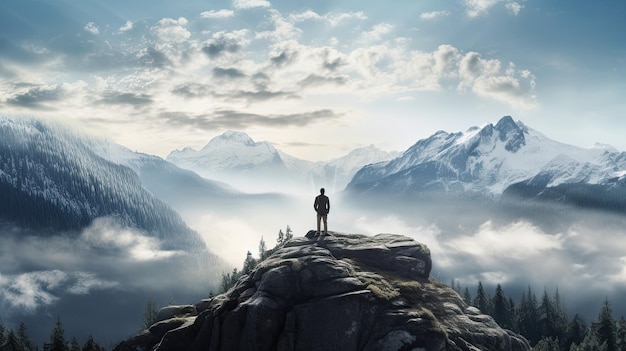 Man standing in top of the mountain with sunrise above the cloud hiking