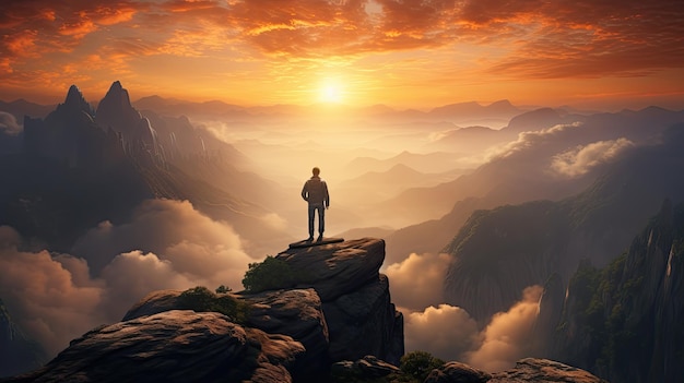 Man standing in top of the mountain with sunrise above the cloud hiking