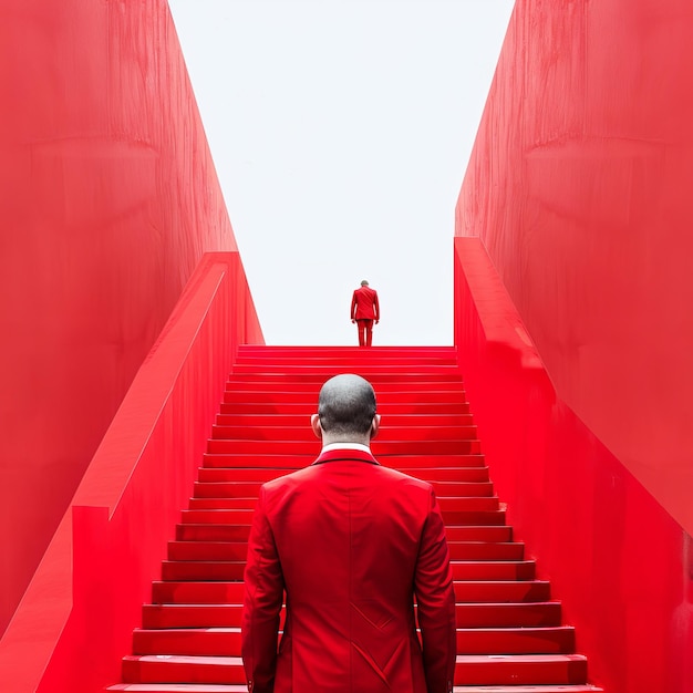 赤い 階段 の 上 に 立っ て いる 人