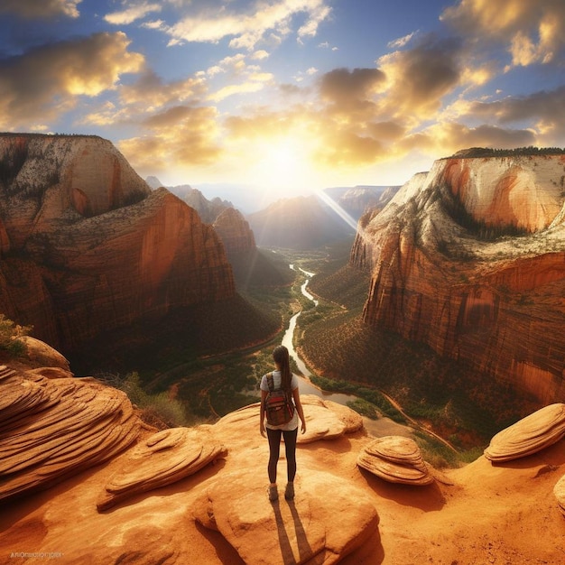 Photo a man standing on top of a rock formation