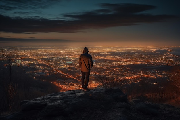 Man standing on top of rock and looking at city at night