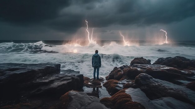 A man standing on top of a rocky beach next to the ocean