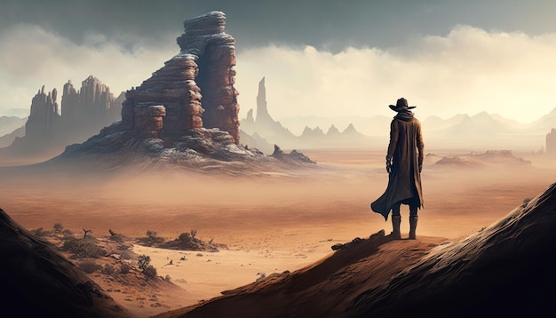 A man standing on top of a sandy hill Ai generative