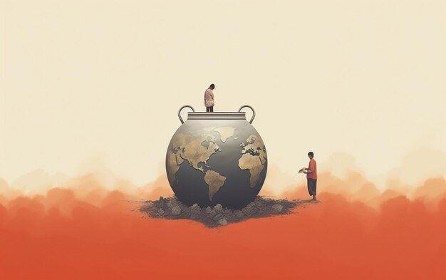 Photo man standing on top of vase with world inside