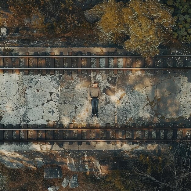Человек, стоящий на железнодорожном пути с человеком, стоящим на стороне