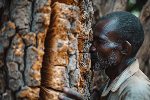 Man Standing Next to Tree Trunk