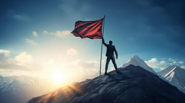 A man standing triumphantly on a mountain peak holding a red flag