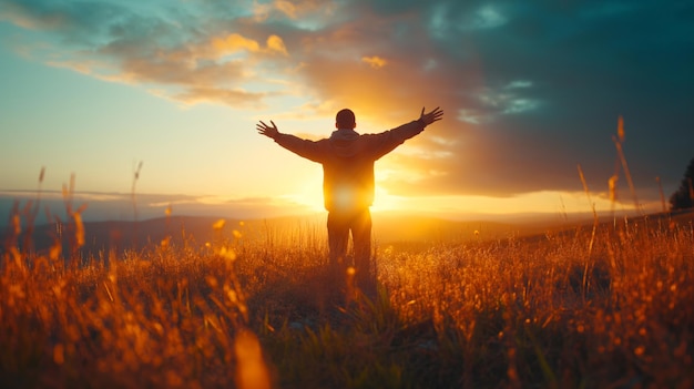太陽が背景に沈むと,山の頂上に勝利を収めている男が,息をく景色を展示しています.