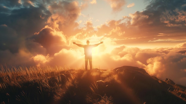 Photo man standing triumphantly on the summit of a mountain as the sun sets in the background showcasing a breathtaking view