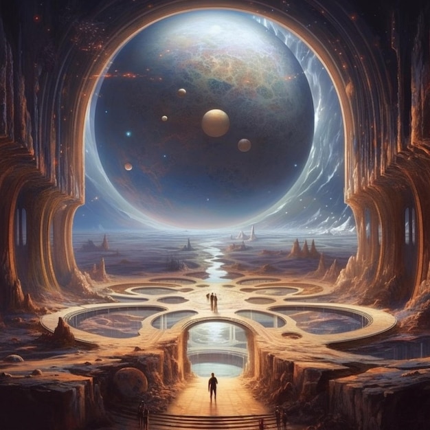 a man standing in a tunnel looking at a planet generative ai