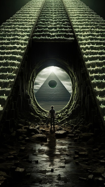 Человек, стоящий в туннеле с человеком, стоящим перед туннелем, на котором зеленый круг
