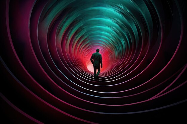 Photo a man standing in a tunnel with a red light at the end ai