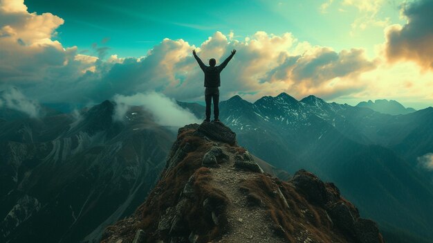 man standing up on a mountaintop