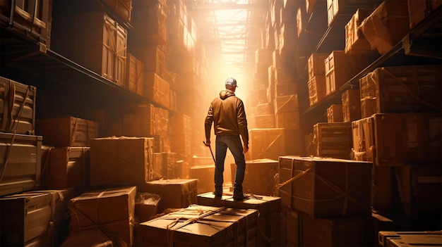 Man standing in a warehouse full of cargo boxes