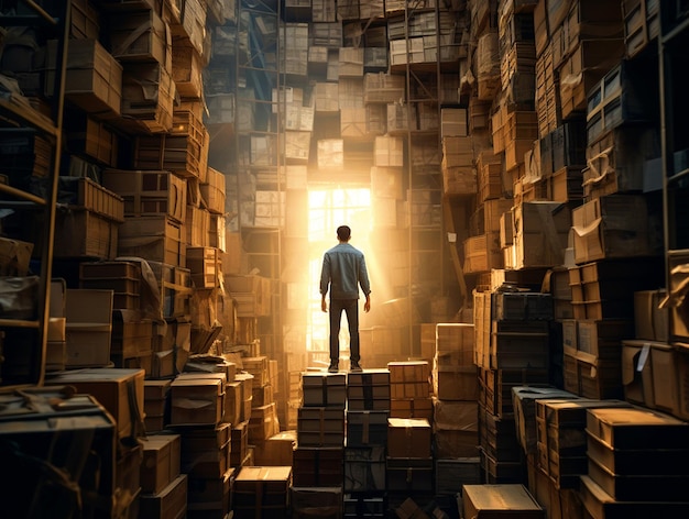 Man standing in a warehouse full of cargo boxes