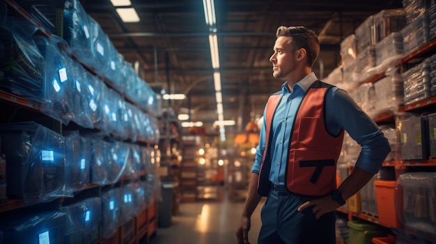 Man Standing in Warehouse Surrounded by Boxes