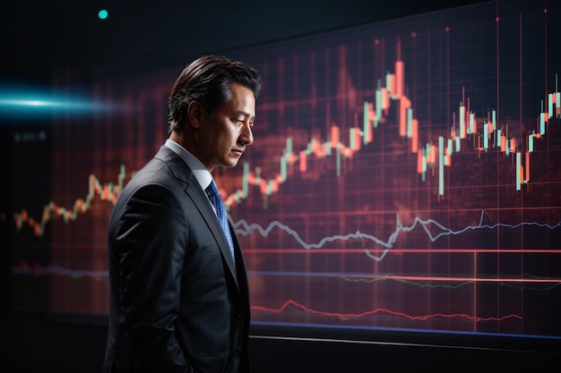 Человек, стоящий и смотрящий график фондового рынка
