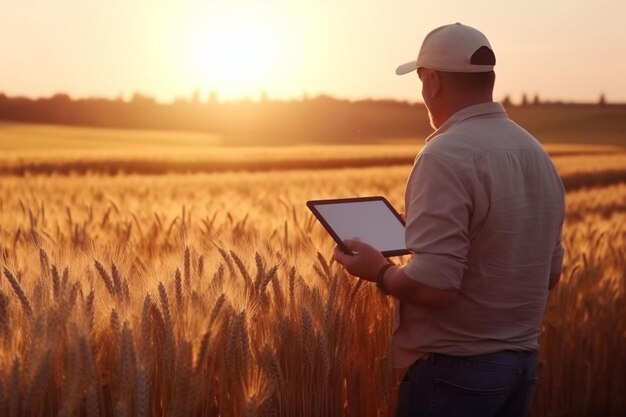 Foto un uomo in piedi in un campo di grano con una tavoletta in mano