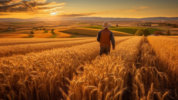夕暮れ に 麦畑 に 立っ て いる 人