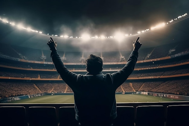 Man standing with hands up in illuminated stadium lights