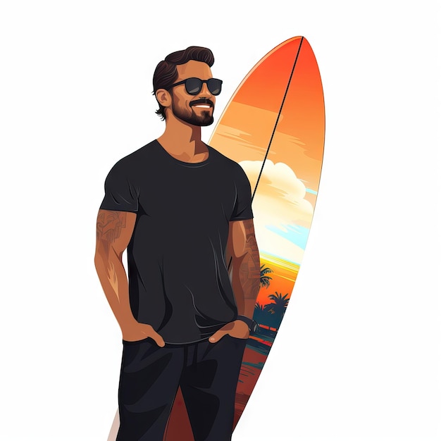 Man Standing with Surfboard in Flat Minimal Style AI Generated