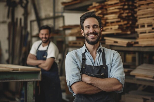 Foto un uomo in piedi in un negozio di legno con le braccia incrociate