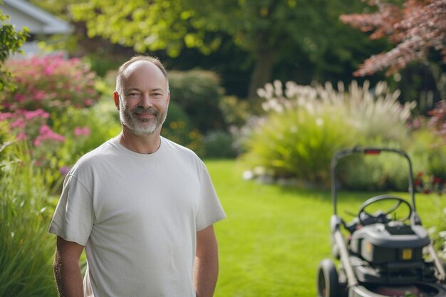 a man standing in a yard next to a lawn mower