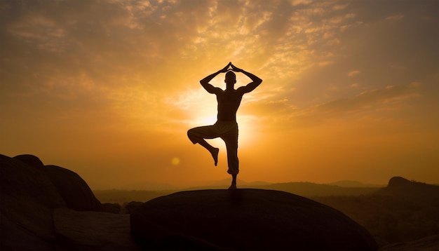 Man standing in yoga pose on the mountain top