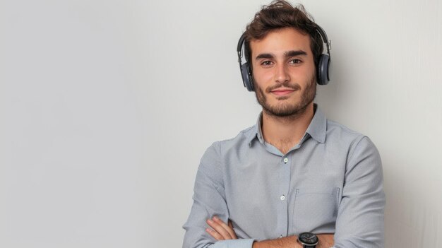 Photo man stands against white wall while wearing headphones