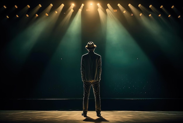 man stands alone on stage concert in the style of dark teal and light amber